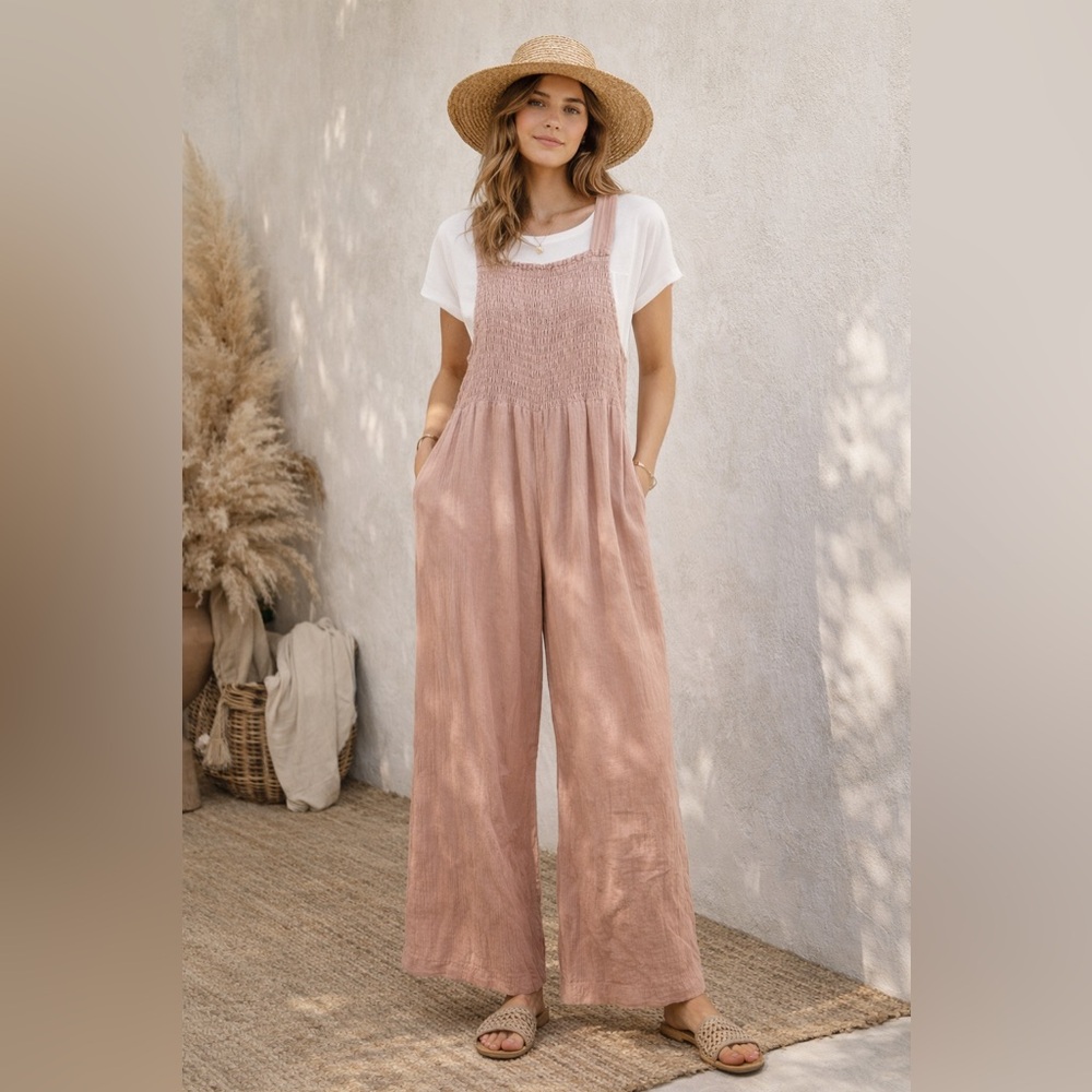 Faherty Blush Pink Smocked Wide-Leg Jumpsuit